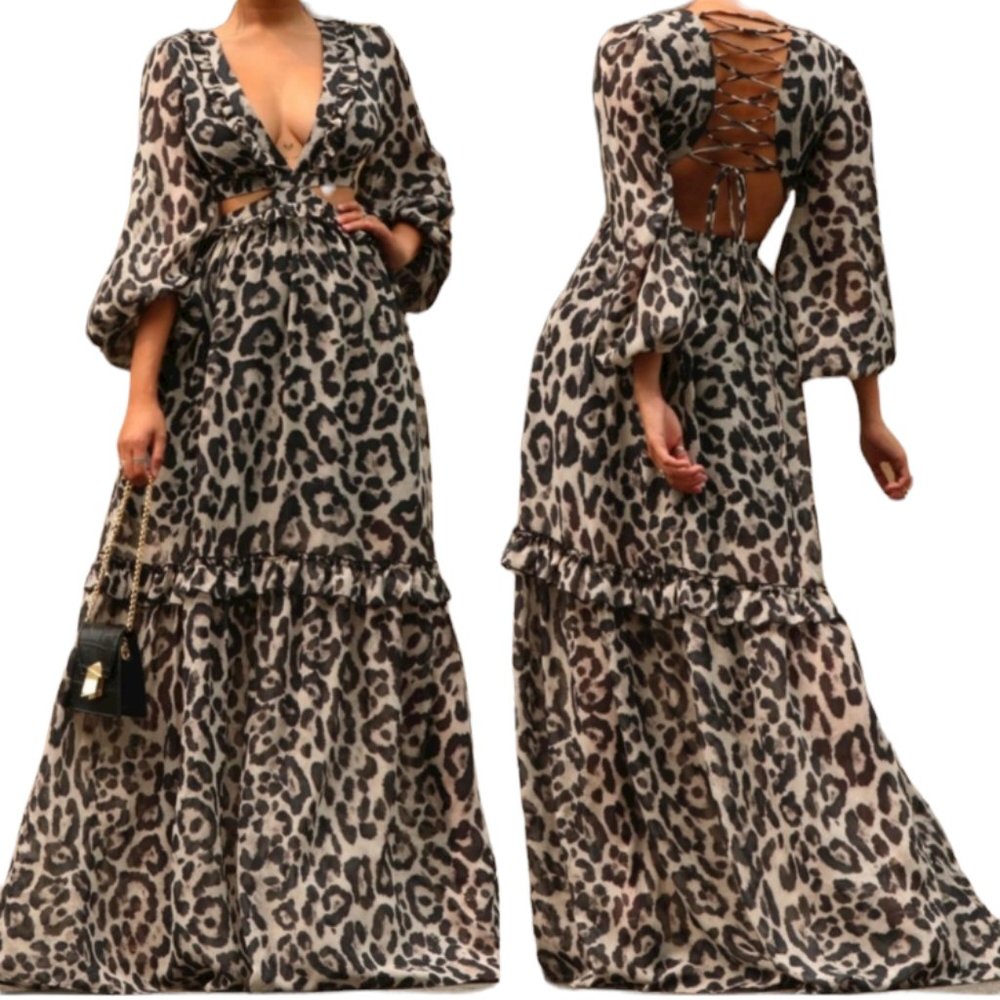 NWT Gorgeous Cheetah Plunge Criss Cross Cutout Long Sleeve Woven Maxi Dress